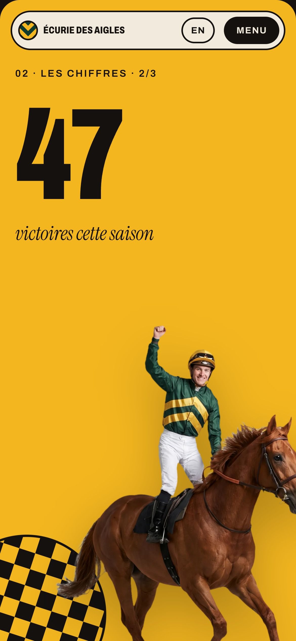 Écurie des Aigles sur mobile, panneau jaune des 47 victoires et jockey qui célèbre