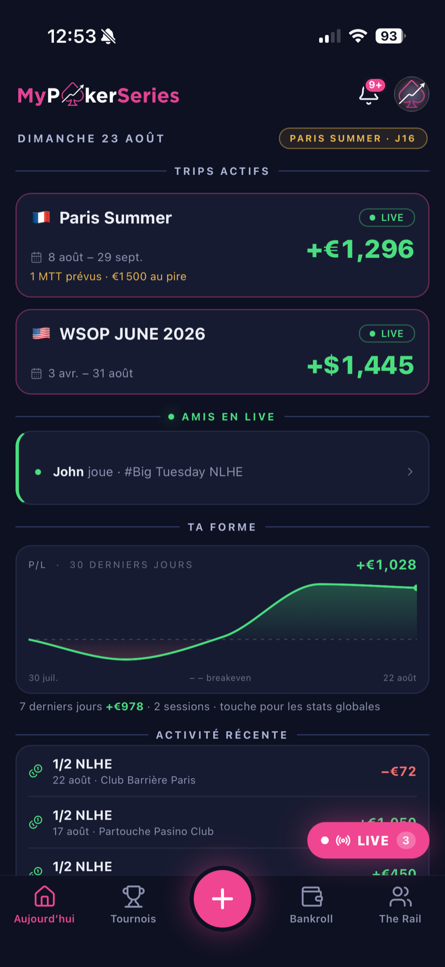 Application mobile MyPokerSeries, écran Aujourd'hui