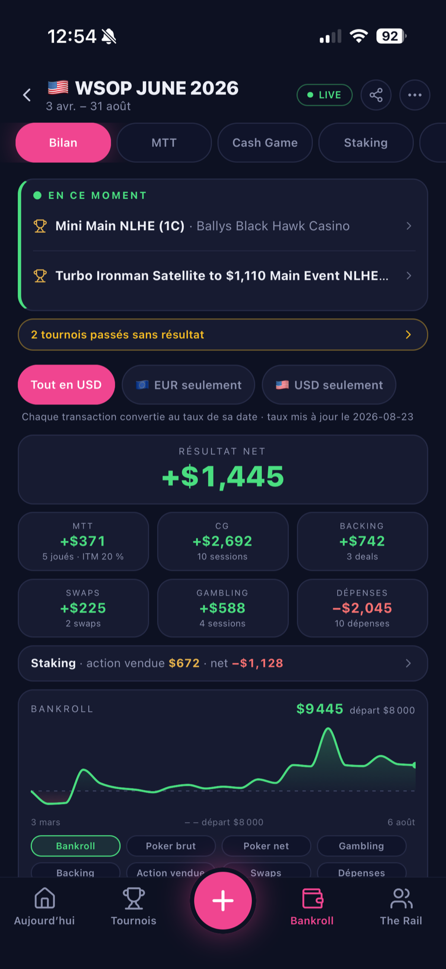 Application mobile MyPokerSeries, bilan d'un trip avec résultat net et courbe de bankroll