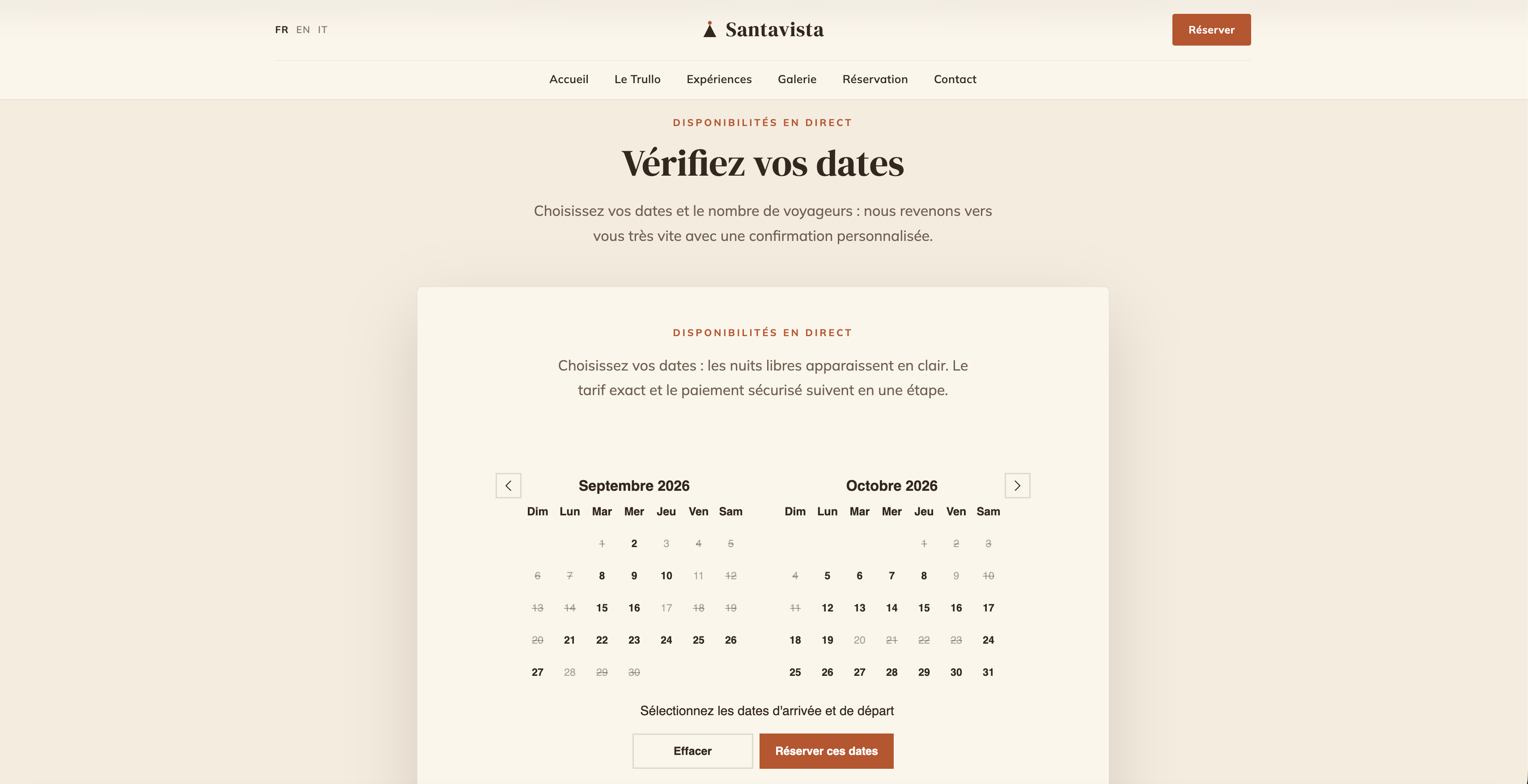 Calendrier de disponibilités en direct du site Trullo Santavista